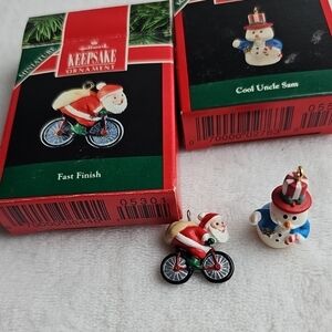 Lot Of 2 1992 Hallmark Keepsake Miniature Ornaments Fast Finish & Cool Uncle Sam